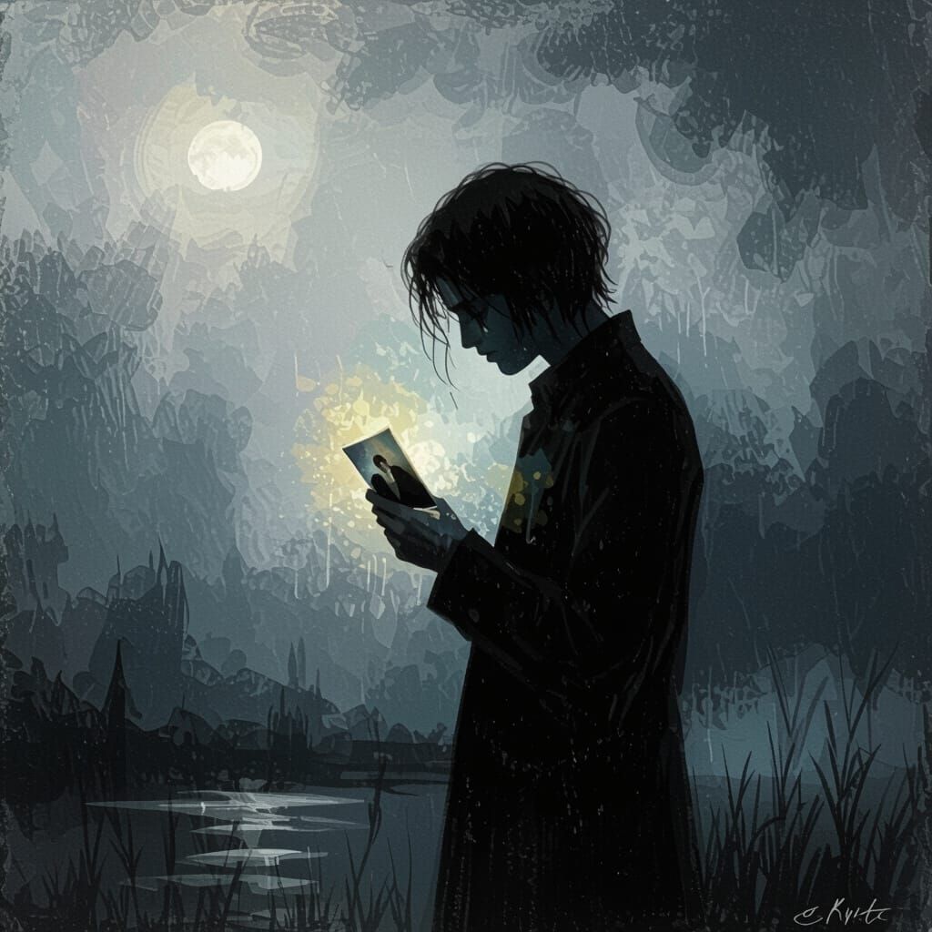 Melancholic Figure Holding Photo in Watercolor Style