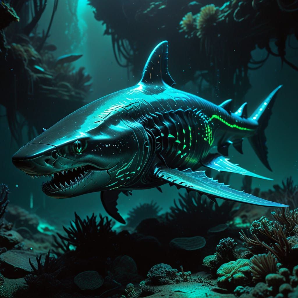 Cyberpunk Alien Shark-Creature with Iridescent Scales and Ne...