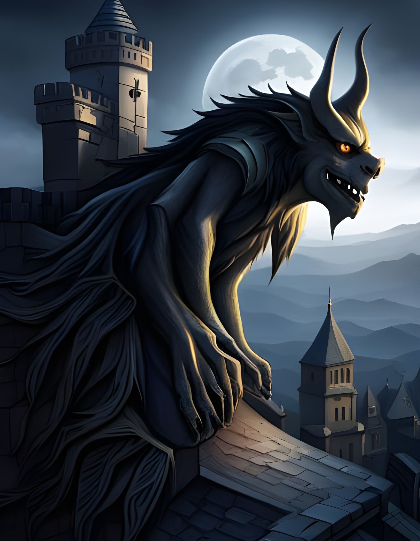 Dark Fantasy Gargoyle on Castle Wall at Night