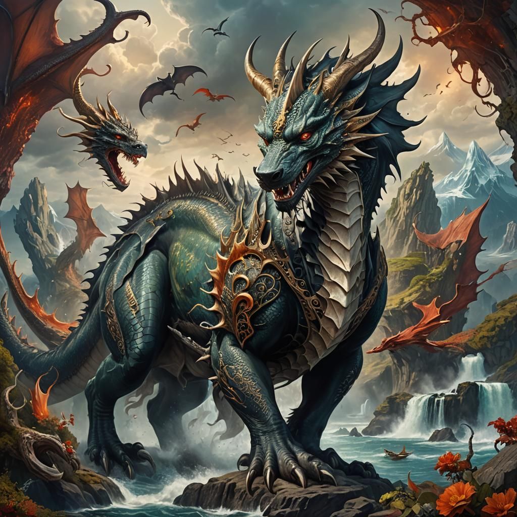 Dragon-Wolf Hybrid in a Detailed Fantasy Landscape