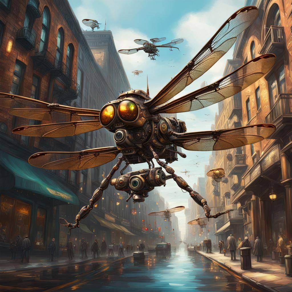 Steampunk Dragonfly Drones in Cityscape