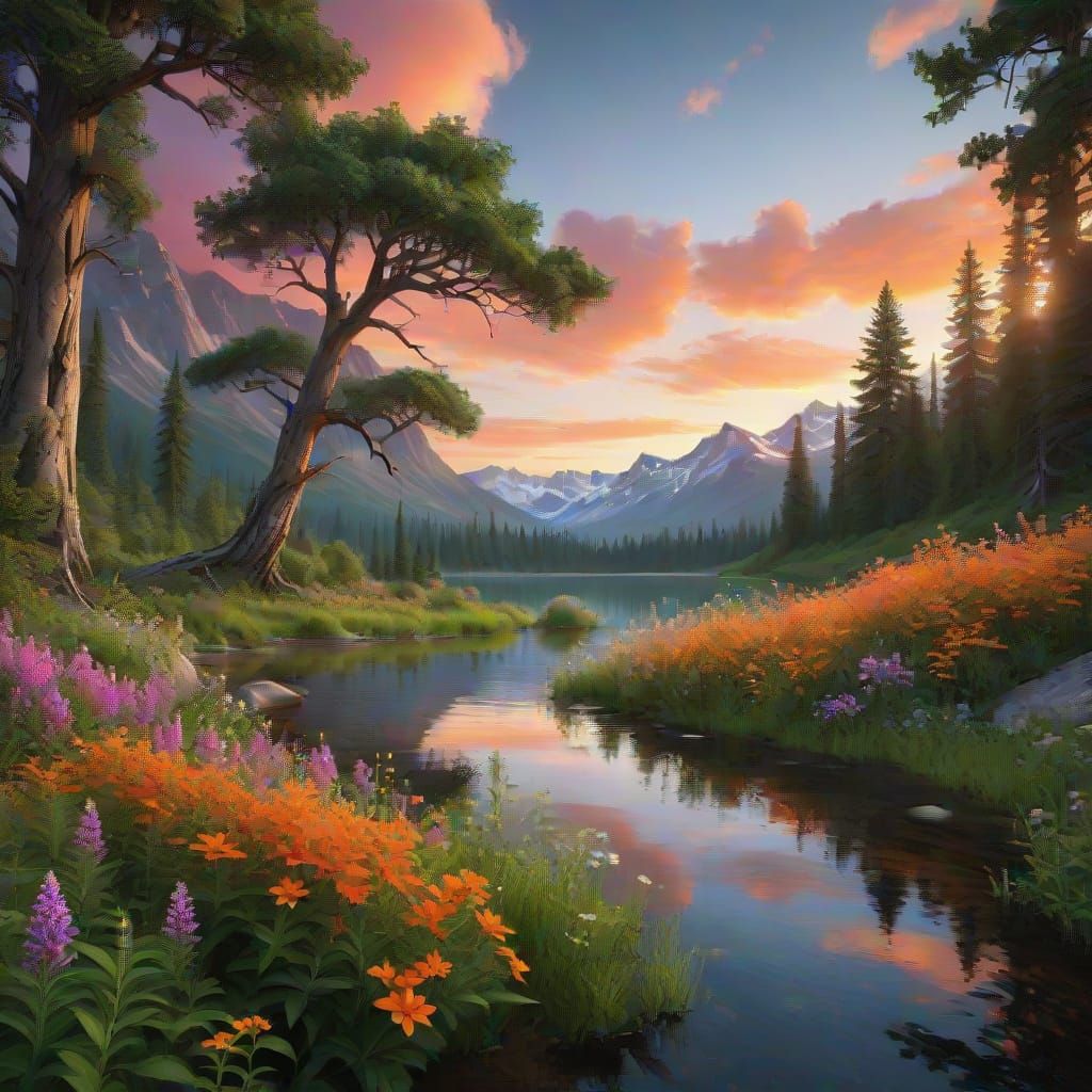 Majestic Tree Amidst Fiery Sunset Reflections in Tranquil La...