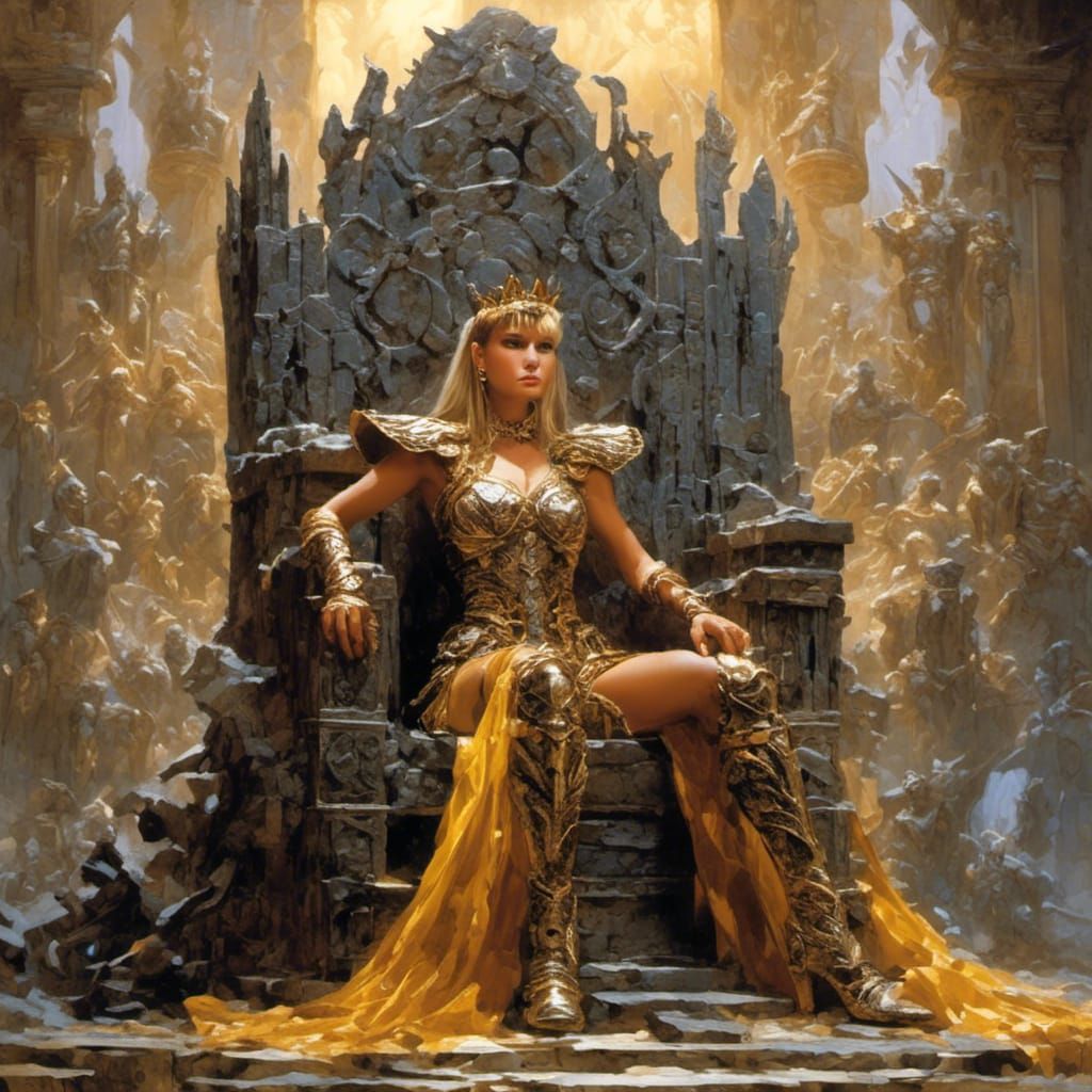 Xena Warrior Princess on Throne in Hyperreal Style