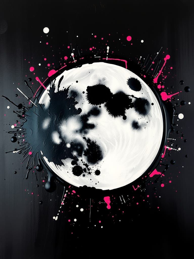 Abstract Moon with Expressive Brushstrokes in Pollock-Inspir...