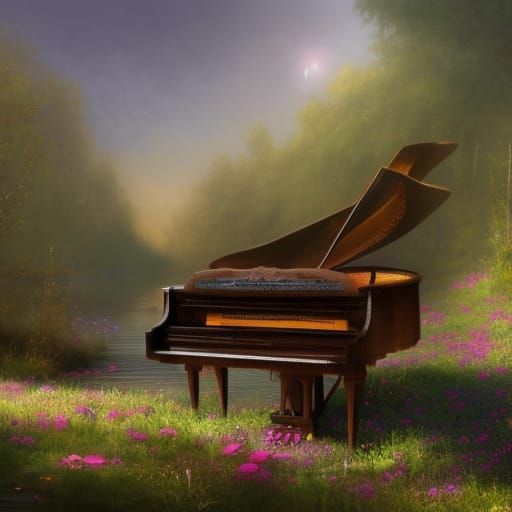 Victorian Piano in Flower Meadow, Detailed Fantasy Art