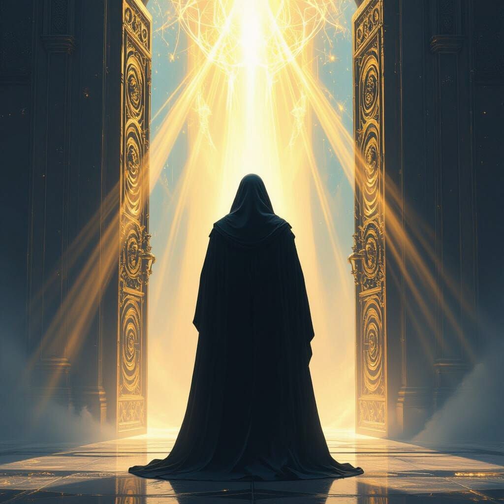 Mystic Figure Before Ornate Celestial Gate