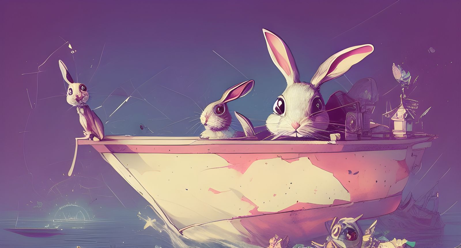 Cute Rabbit Sailing on Ocean Boat Portrait