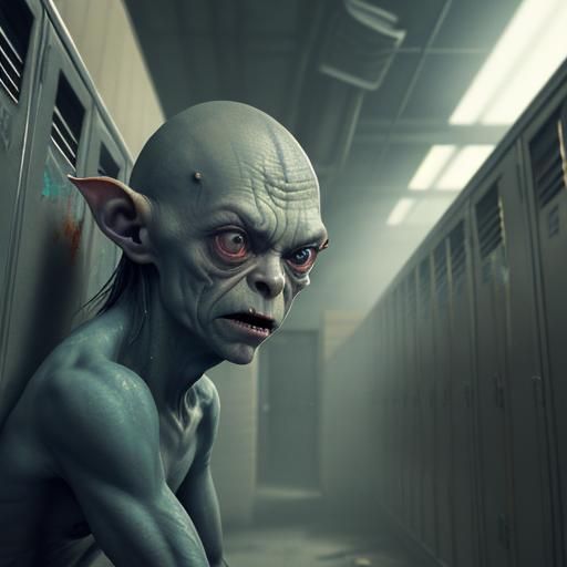 Hyperrealistic Gollum Hiding in School Lockers