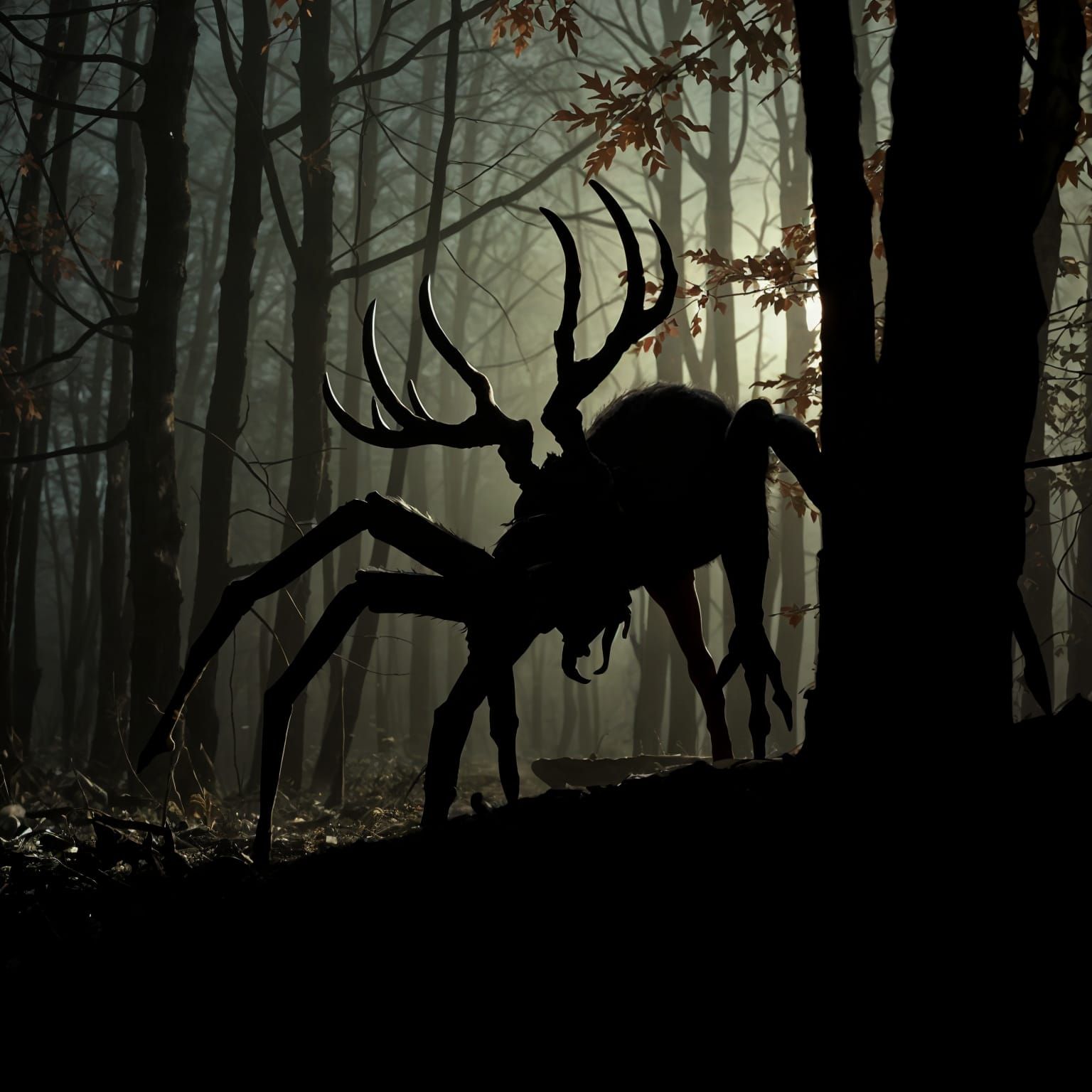 Surreal Horror Monster Emerges from Dark Autumn Shadows