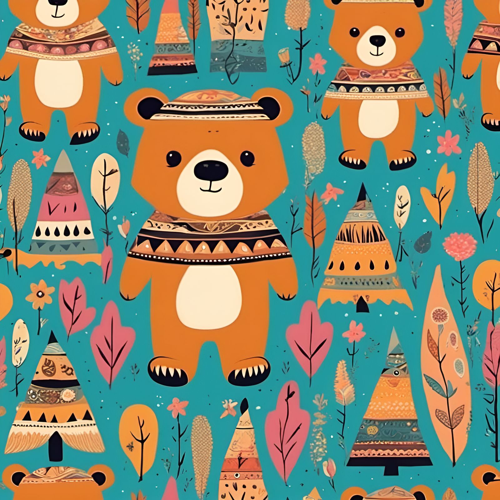 Playful Bohemian Bear Seamless Pattern Illustration