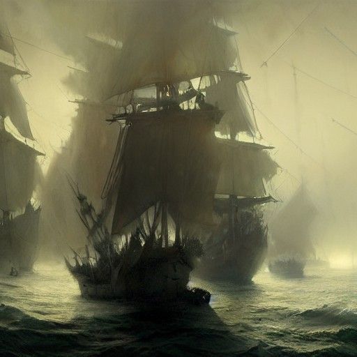 Eerie Ghost Pirate Fleet in Foggy Sea