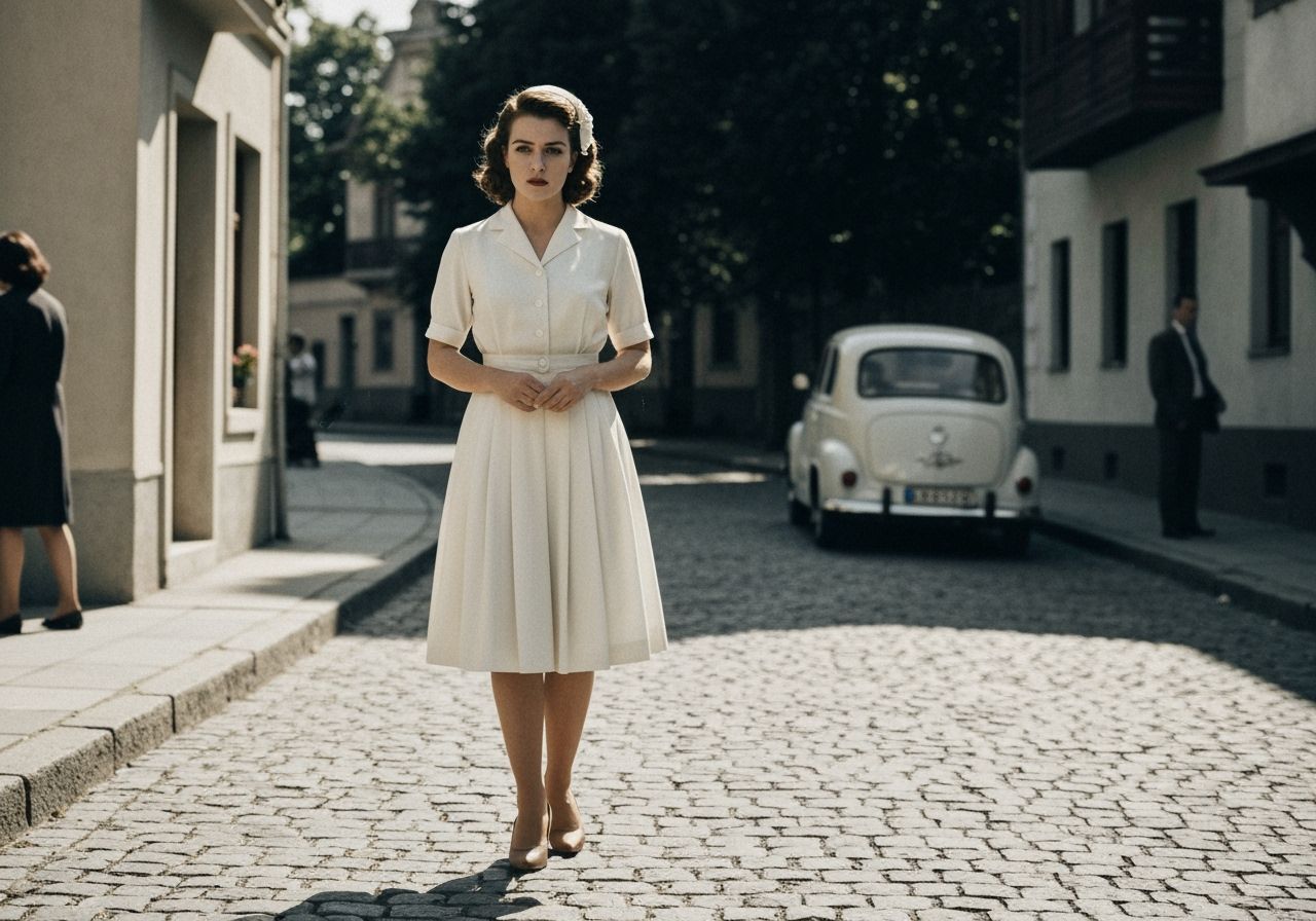 Young Bulgarian Woman in 1940s Fashion on Cobblestone Street
