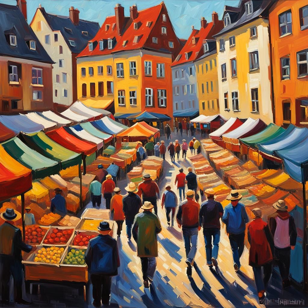Vibrant Market Scene in Germany: Expressionist Oil Painting