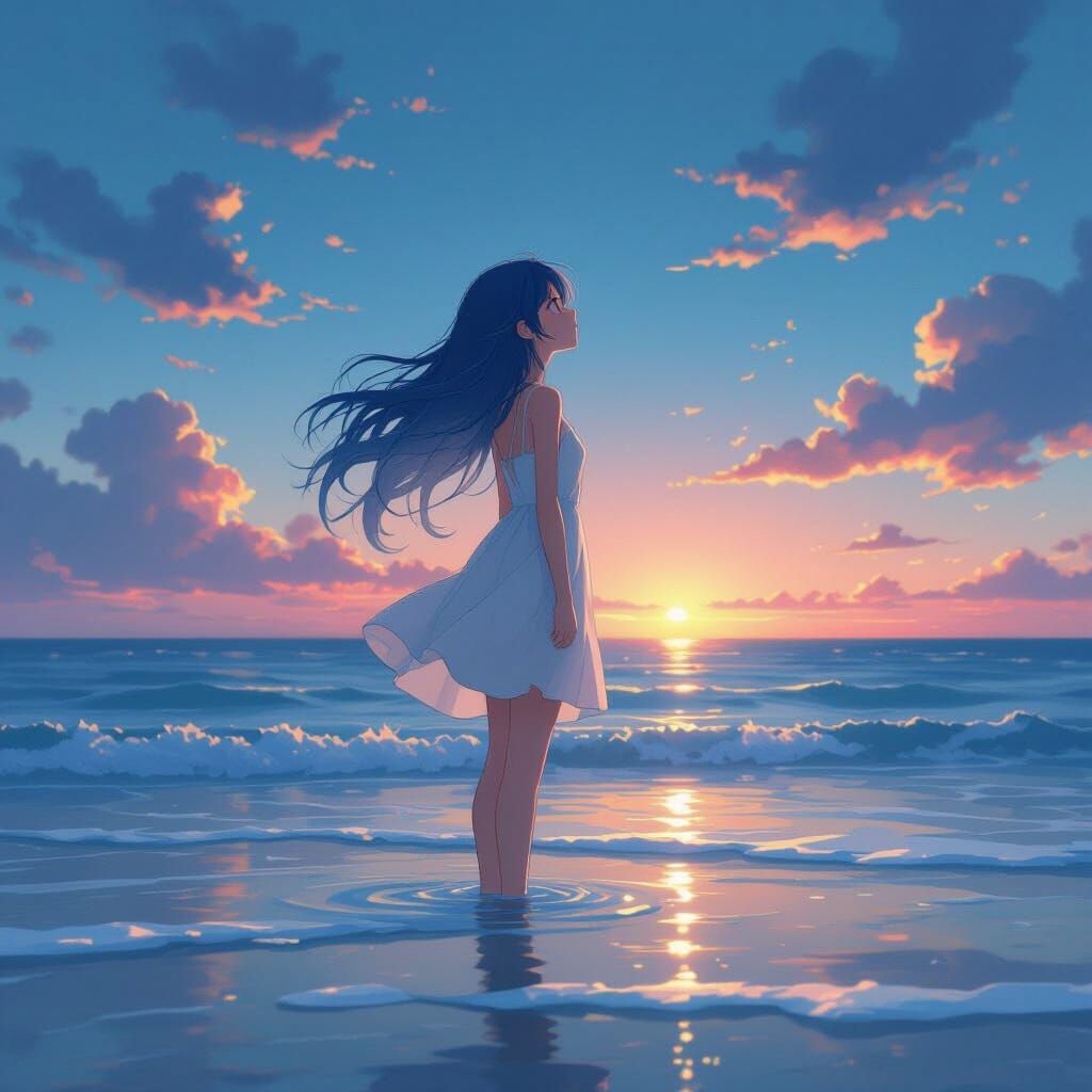 Anime Girl Submerges into Ocean Under Twilight Sky