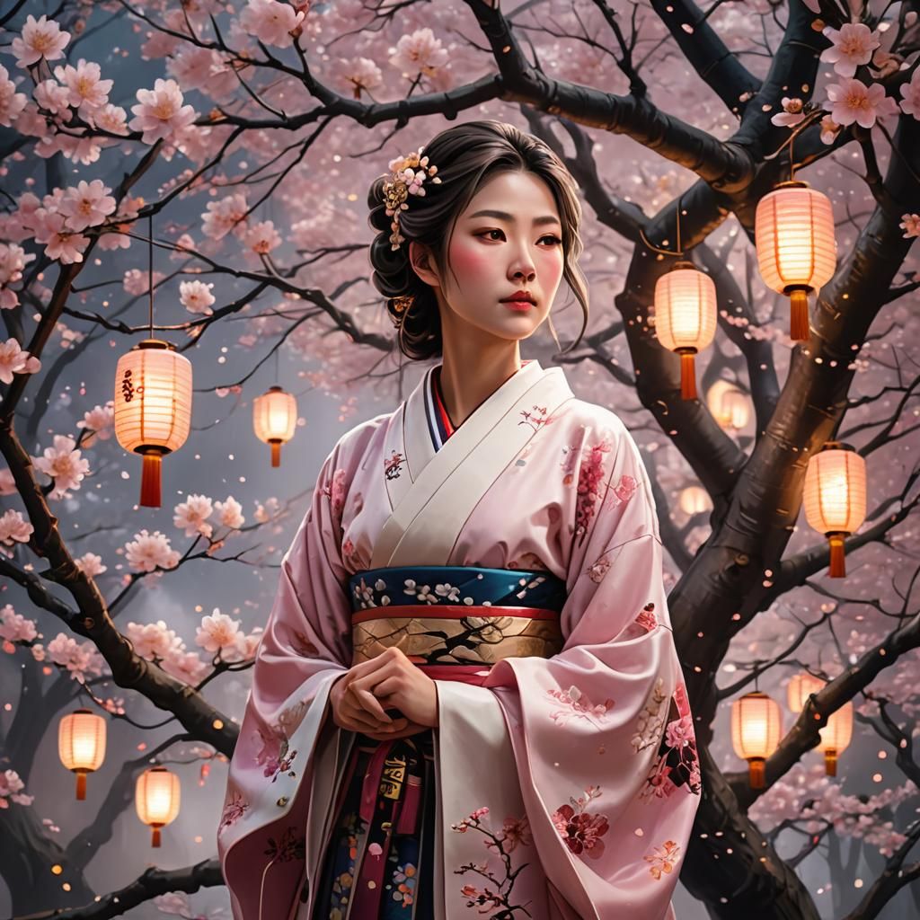Blooming Sakura Tree with Maiden: Fantasy Concept Art
