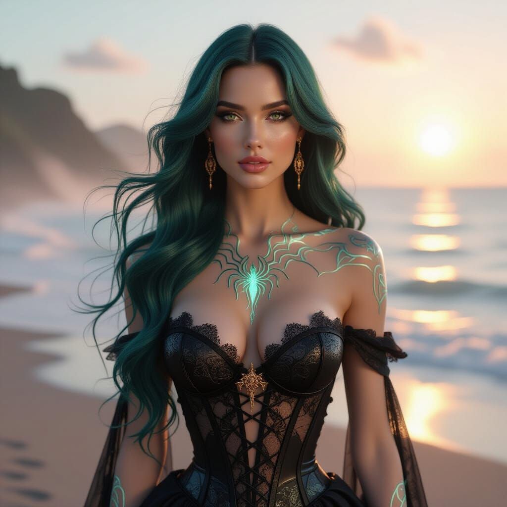 Enchantress on Misty Shoreline at Golden Hour