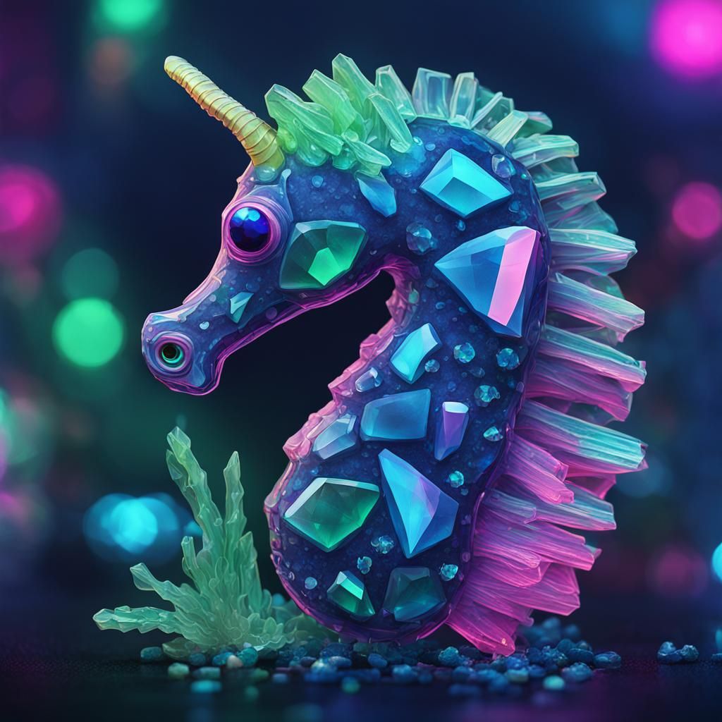 Adorable Seahorse Portrait with Crystal Aura in Cyberpunk St...