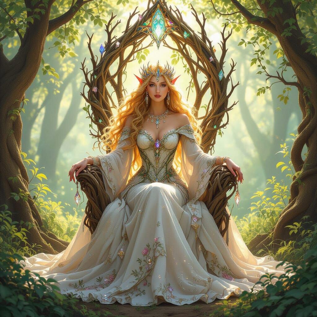 Elven Queen on Crystal Throne, Pre-Raphaelite Style