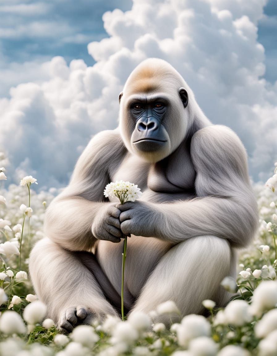 Albino Gorilla in White Flower Field