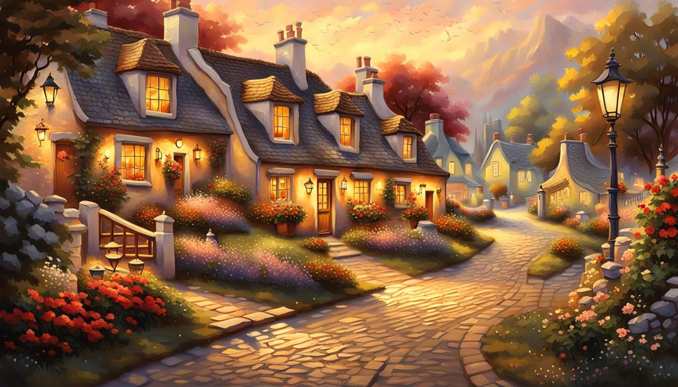 Idyllic Village Scene in Romantic Realism Style