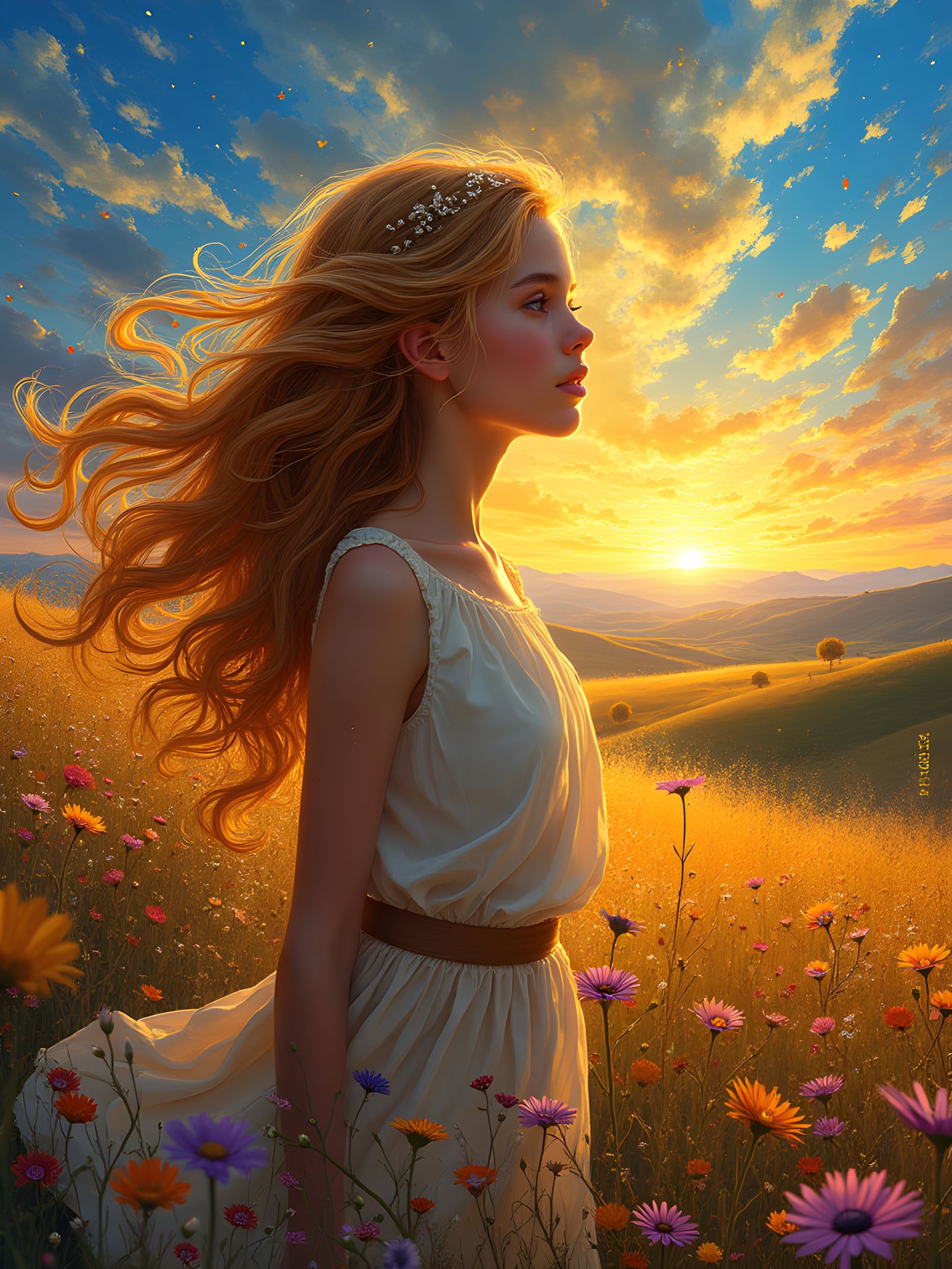 Impressionist Girl with Flowers and Swirling Sky