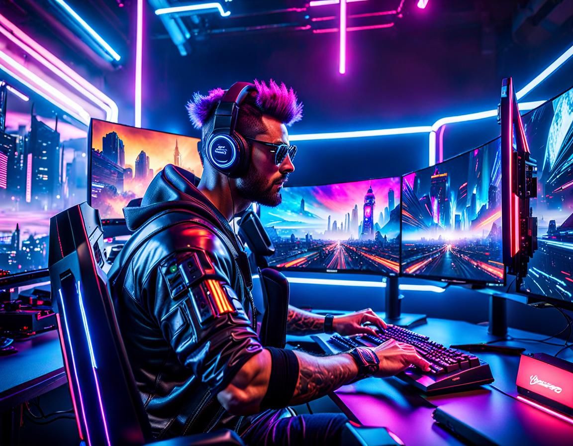 Cyberpunk Gamer Immersed in High-Tech Setup