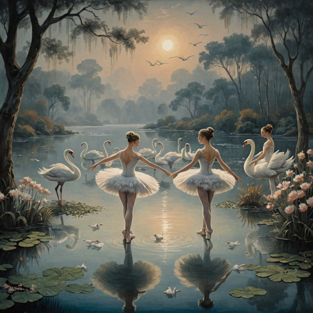Seven Ballet Dancers Performing Swan Lake