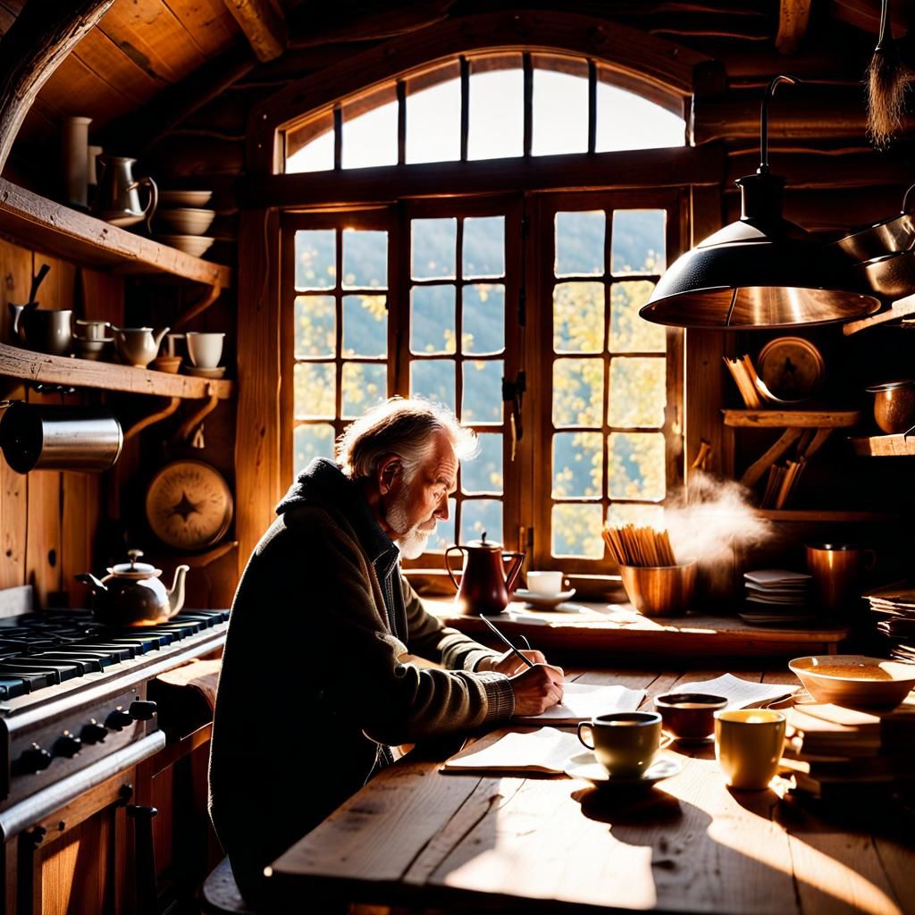 Poet Composing Verses in Dreamlike Realism Style