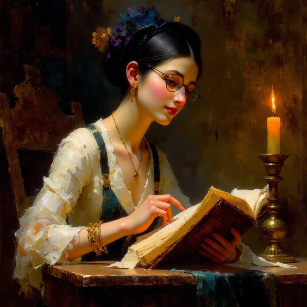 Woman in Baroque Study, Lit by Golden Candlelight