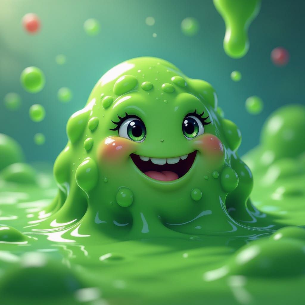 Smiling Amoeba in Vibrant Green Slime, Hyperrealistic Splash...