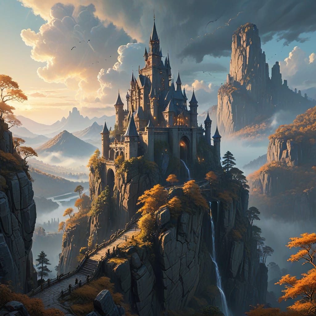 Ethereal High Fantasy Citadel Amidst Majestic Mountains and...