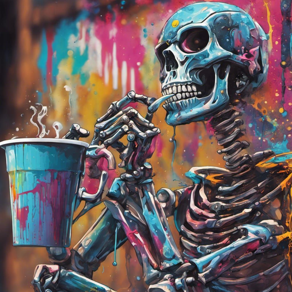 Skeleton Robot Coffee Break: Graffiti Art Style