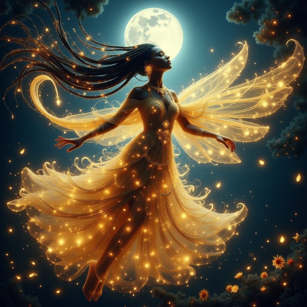 Elegant African Fairy Goddess Flight Under Moonlight