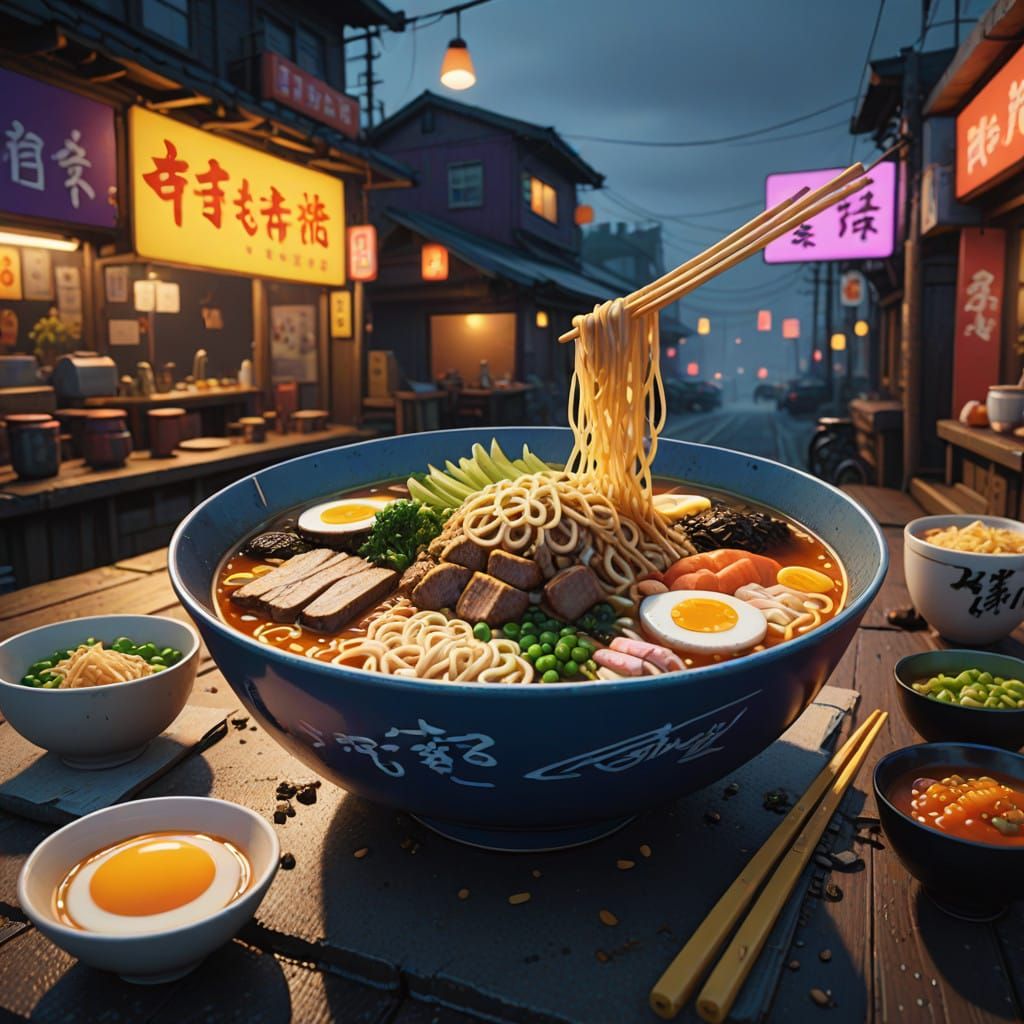 Stunning Fantasy Ramen in Vibrant, Industrial Color Palette