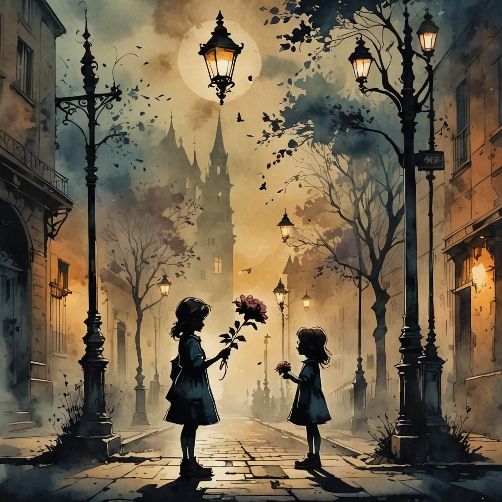 Girl with Flower Silhouette in Ink Painting