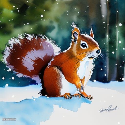 Red Squirrel Portrait in Watercolor Winter Scene