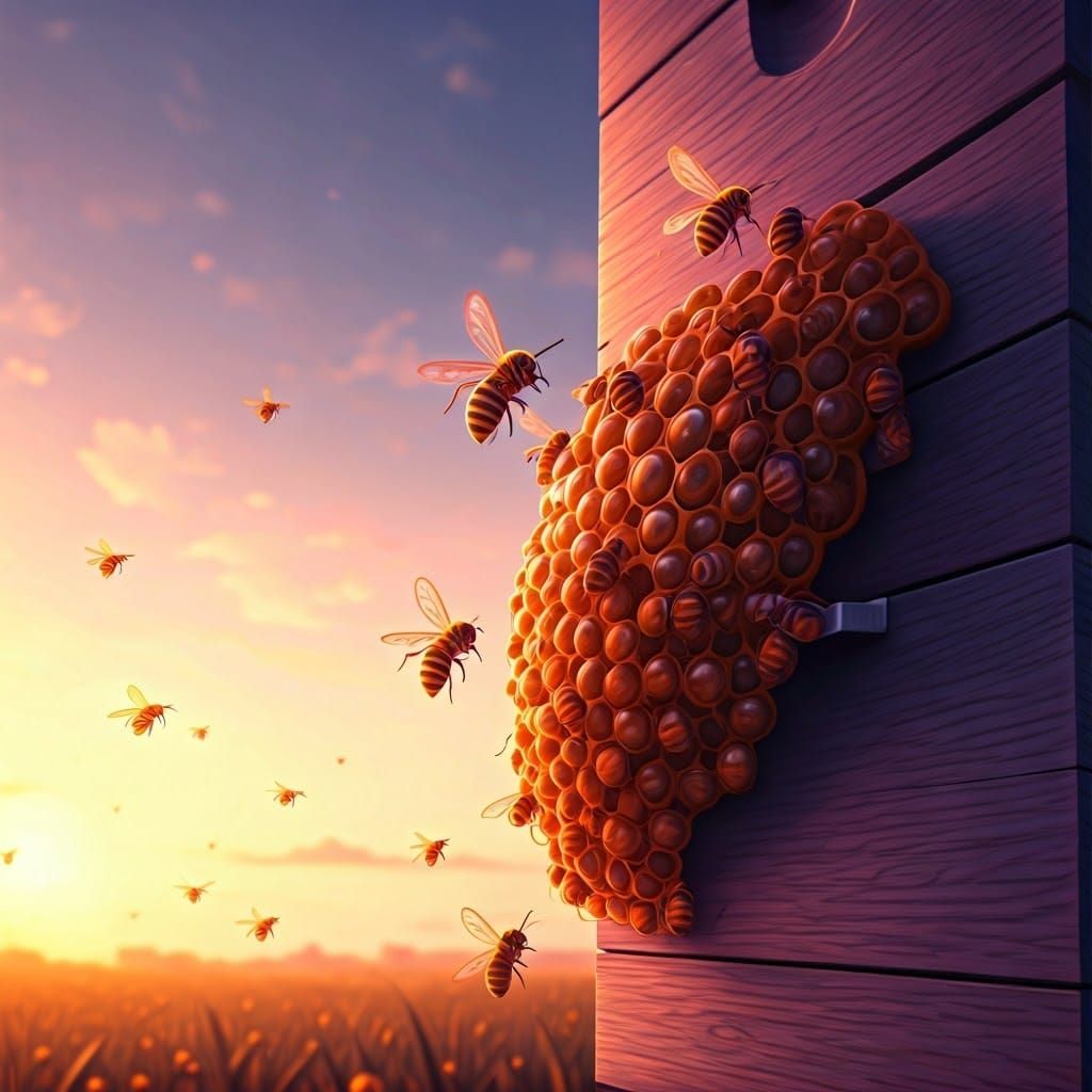 Surreal Hive of Bees in Vibrant Purple and Orange