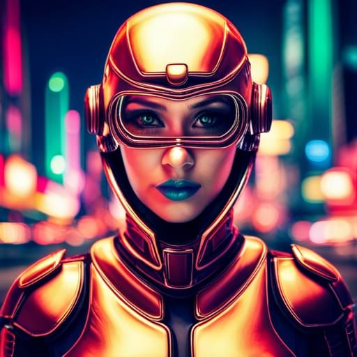 Cyborg Girl in Neon City with Face Armor