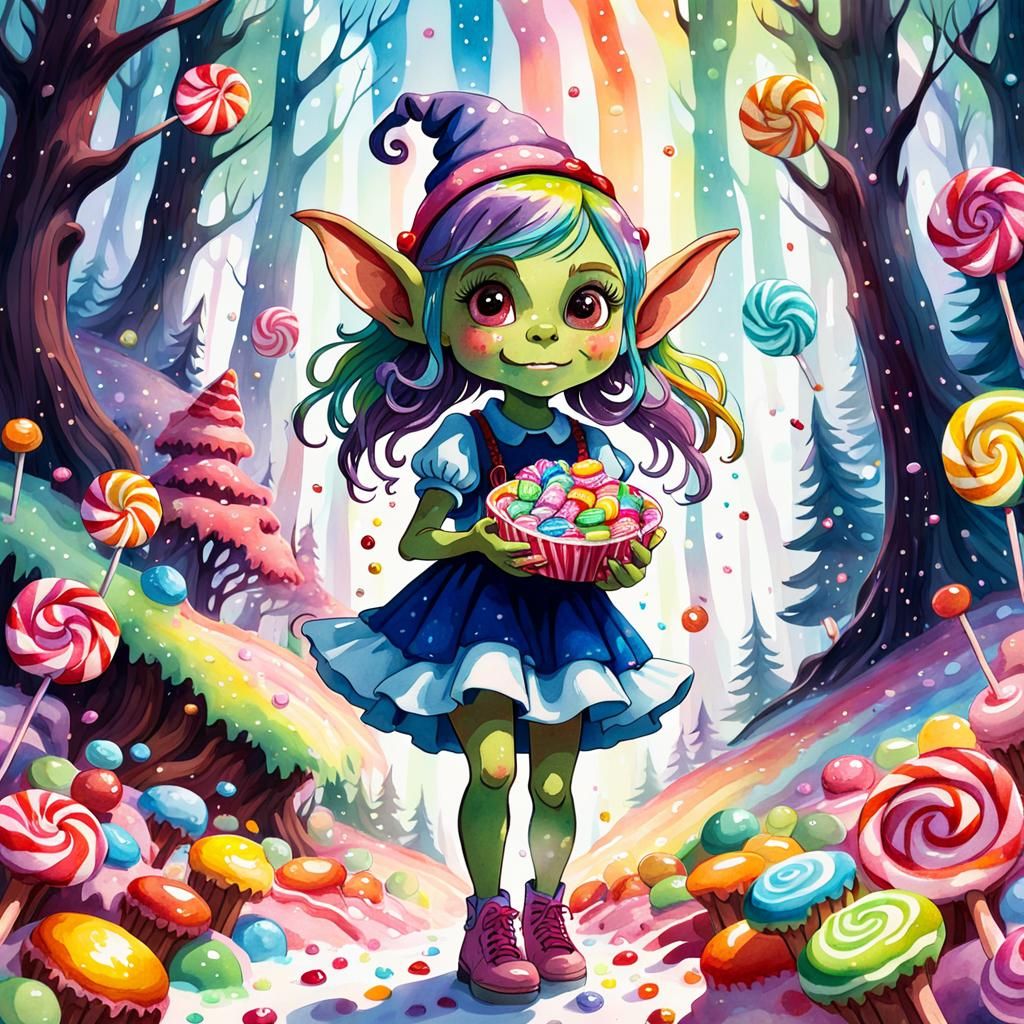 Cute Goblin Girl in Candy Forest, Watercolor Gouache