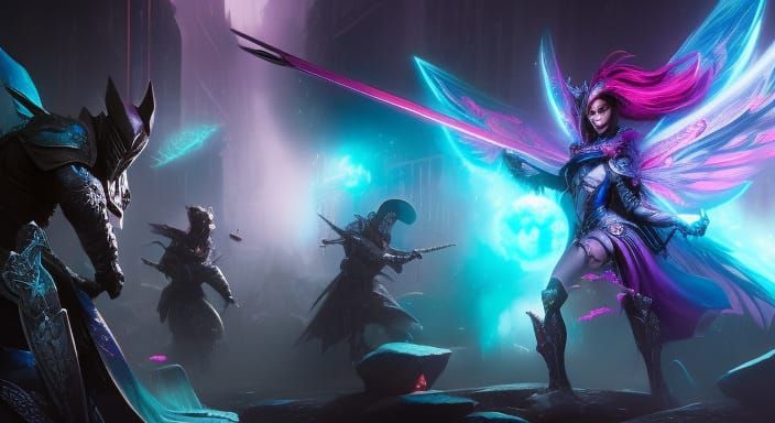 Fairy War Over Neon City in Fantasy Graffiti Style