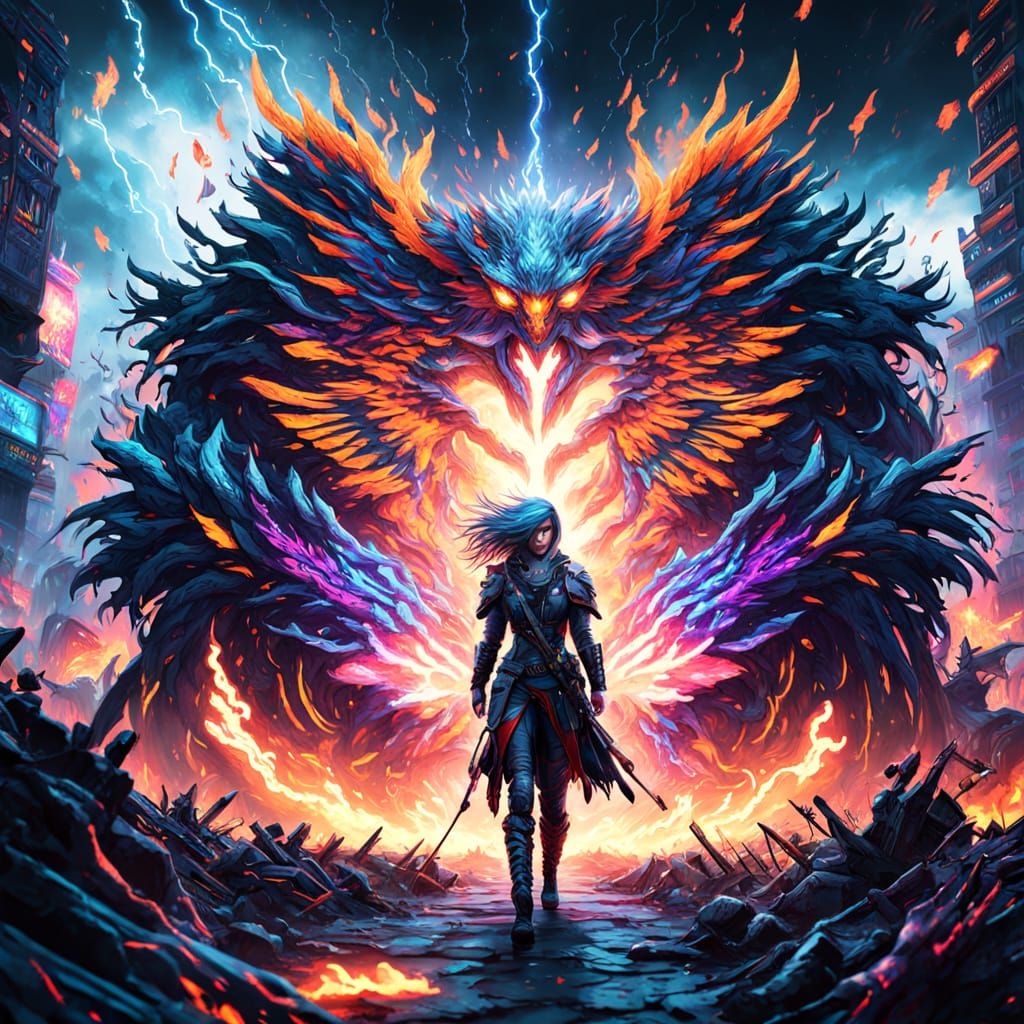 Epic Dystopian Battle: Warrior, Phoenix, and Army in Alien A...