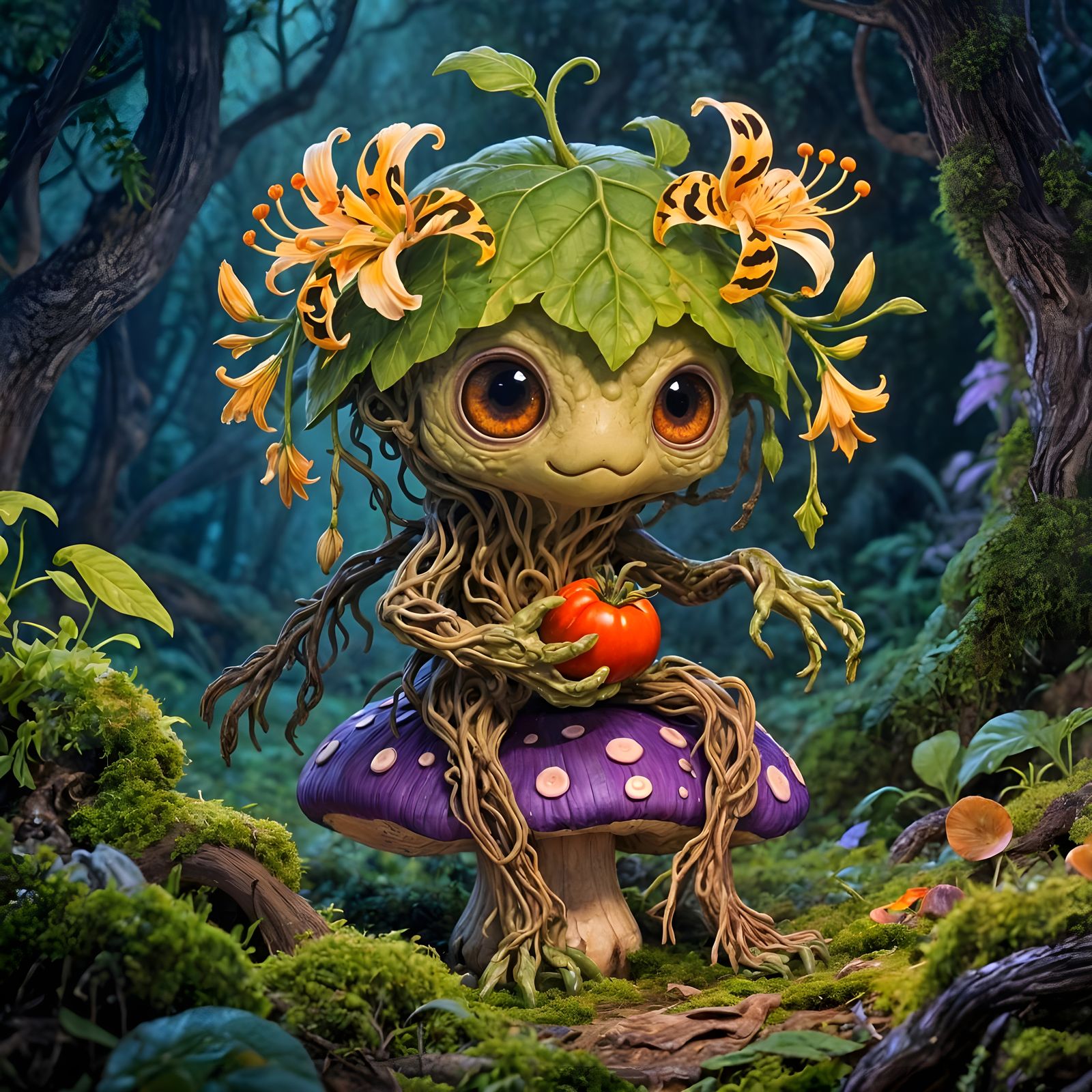 Cute Mandrake Creature with Big Eyes and Tigerlily Flowers