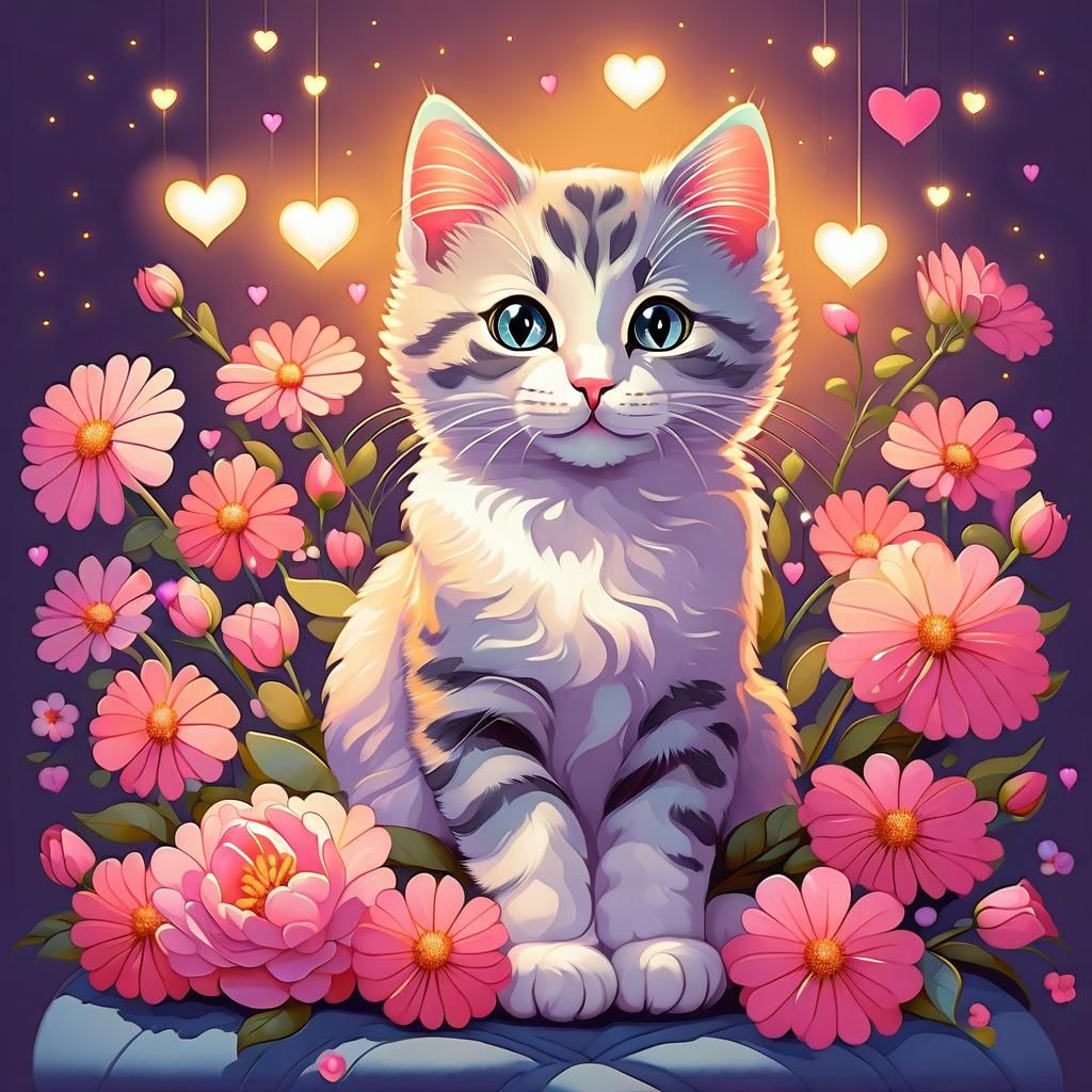 Cute Cat Surrounded by Flowers in Fantasy Art Style