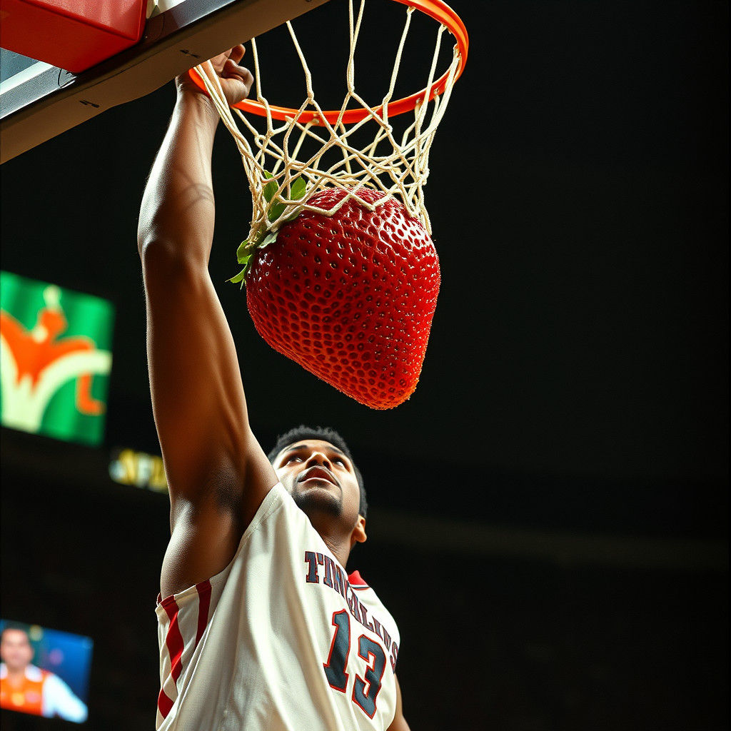 Basketball Player Slam Dunks a Giant Strawberry