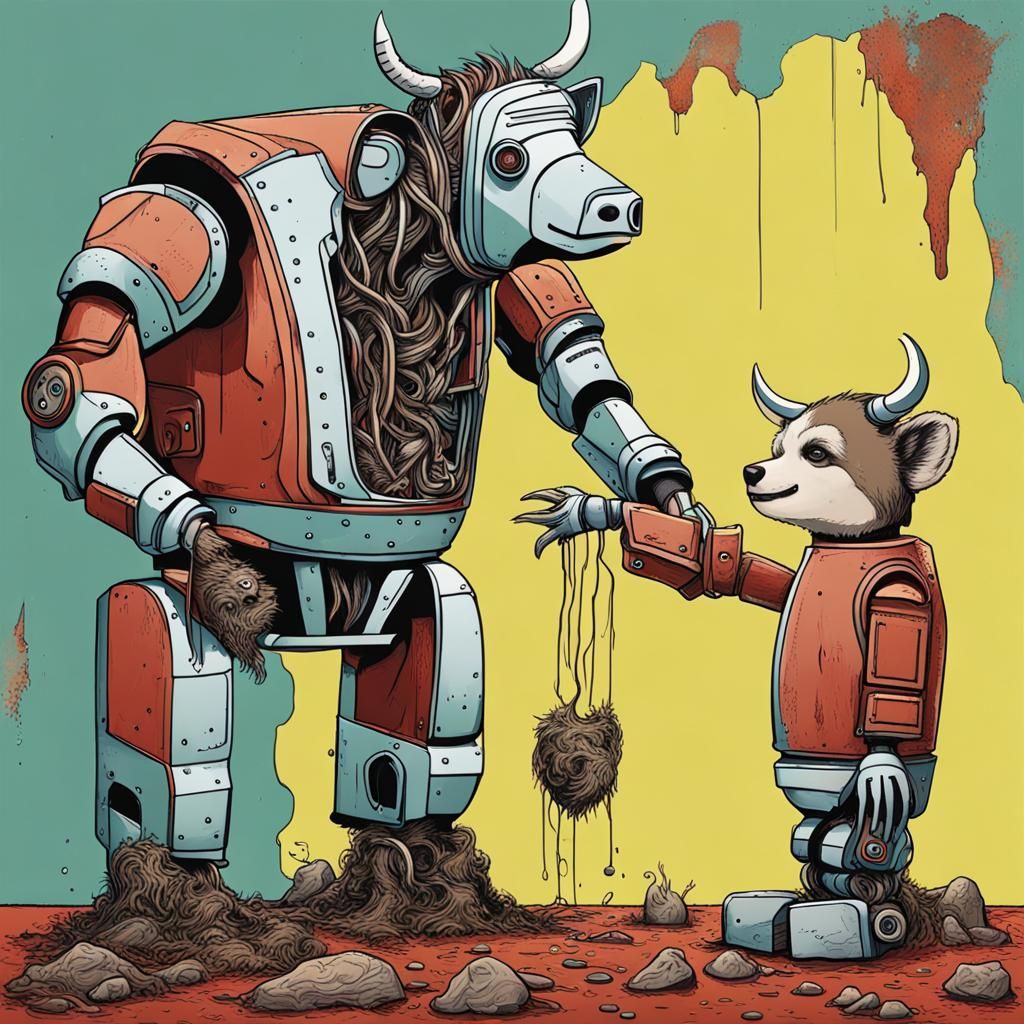 Robot Versus Sloth: Abstract Battle for Cow