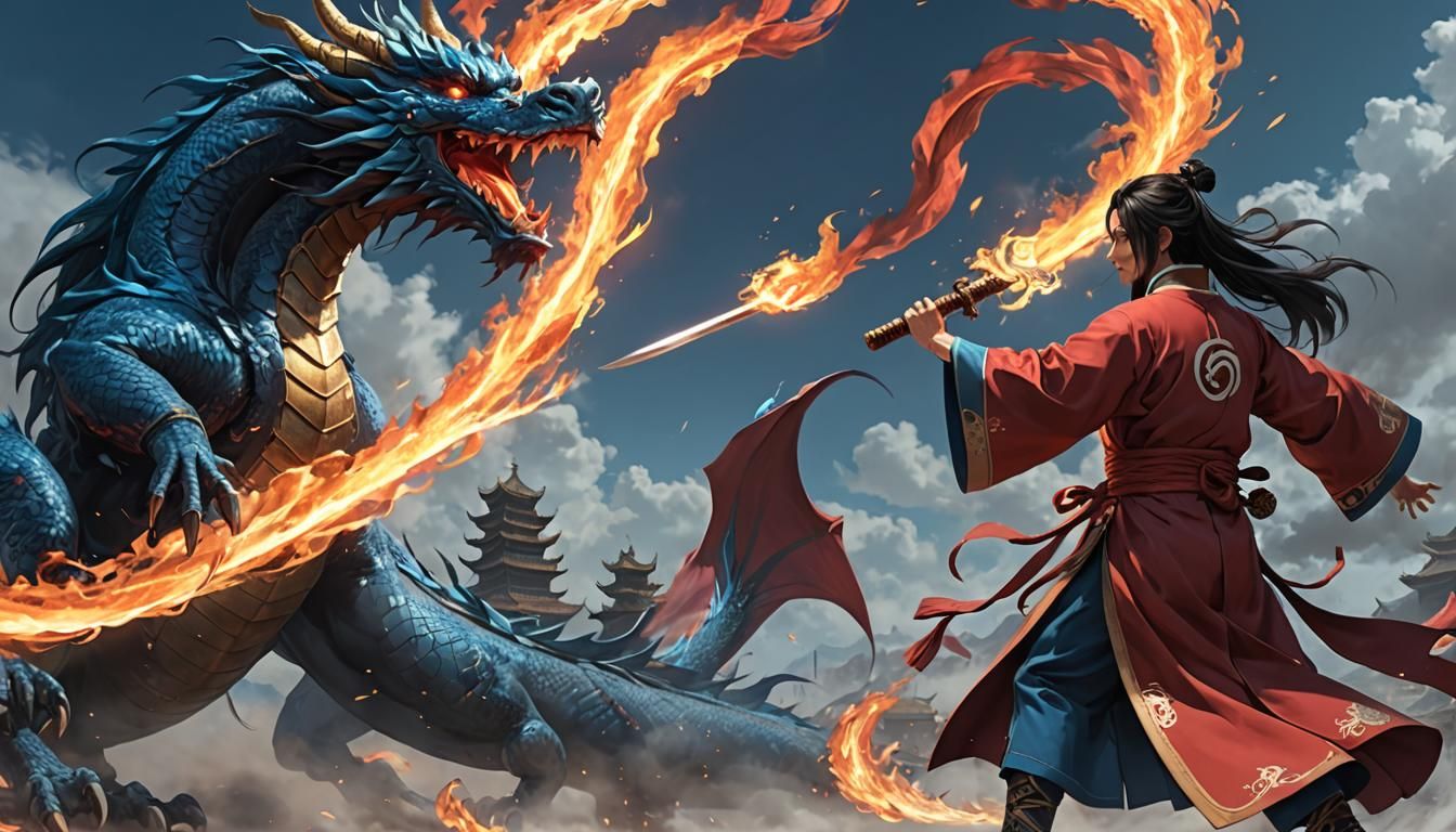 Young Cultivator Battles Azure Dragon in Anime Style
