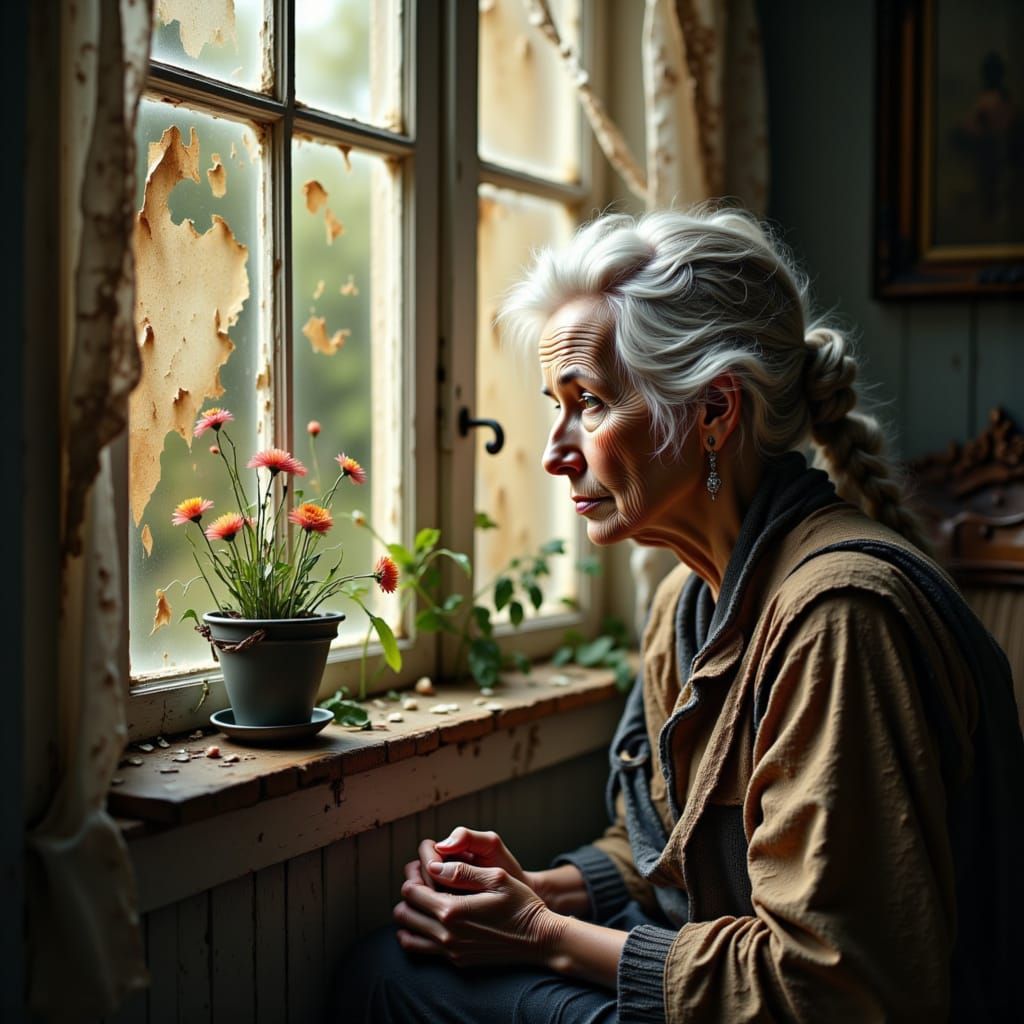 Elderly Woman Reflects on Youth by Sunlit Window