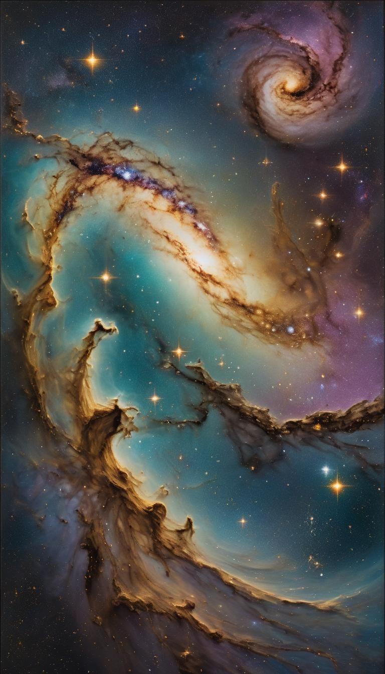 Milky Way Galaxy Over Distant Planet in Klimt Style