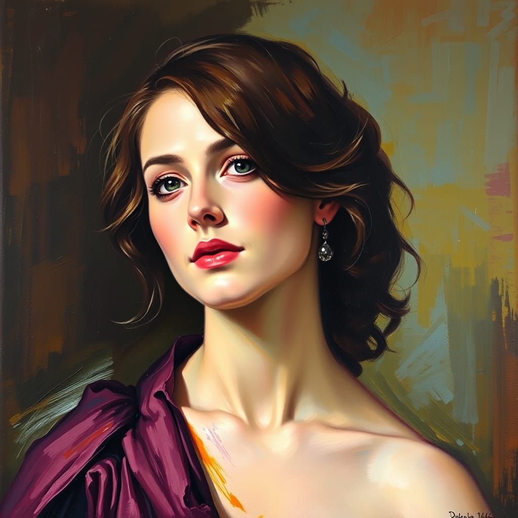 Expressive Oil Portrait of Woman with Chiaroscuro Lighting