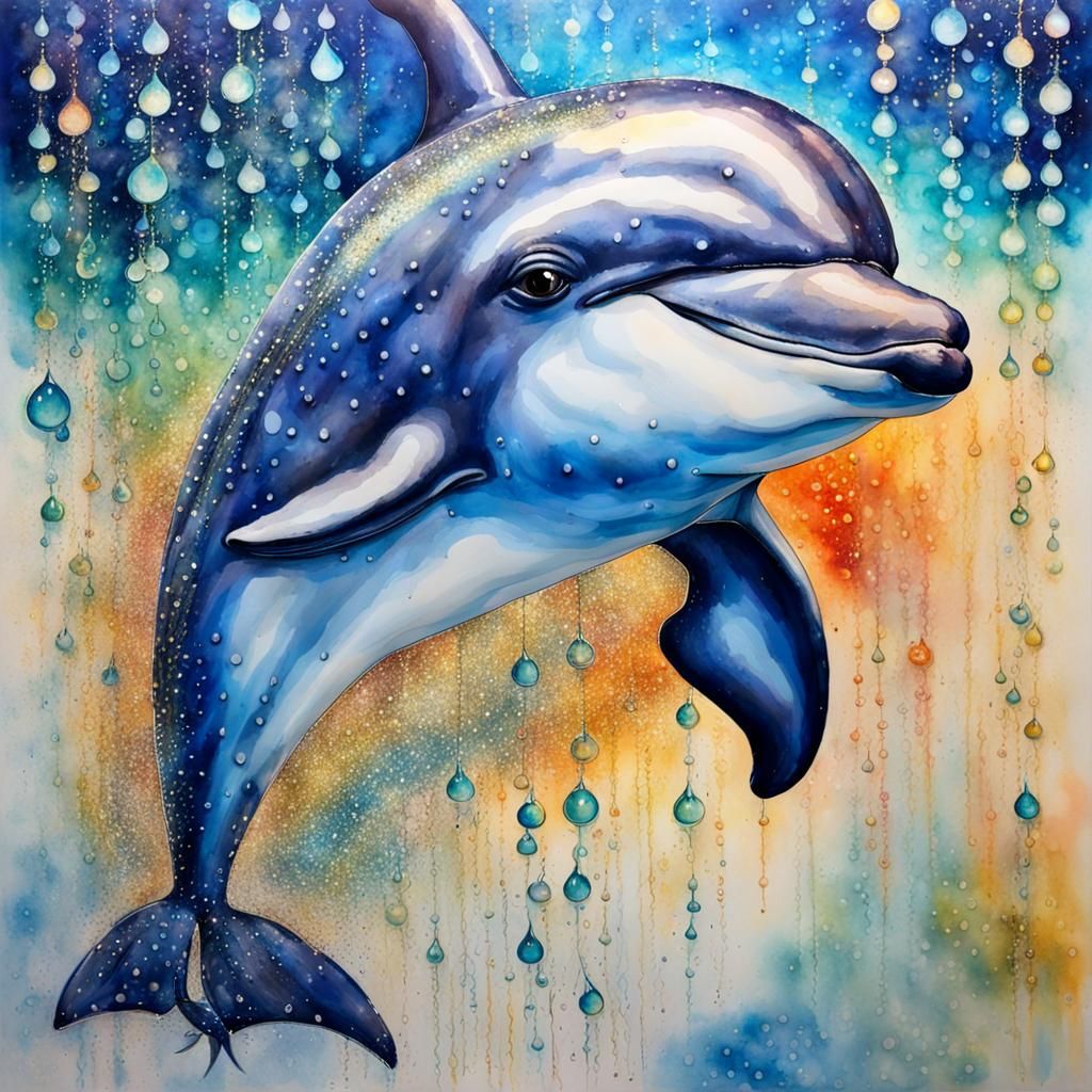 Sparkling Dolphin Portrait in Mixed Media